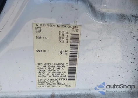 2019 Nissan Altima 2.5 Sr from USA, damaged, VIN 1N4BL4CV3KN307799